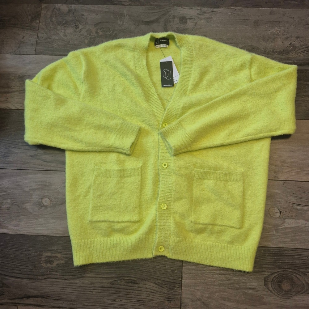 Orginal Use  Mens Neon Yellow Fuzzy Knit Cardigan Sweater Recycled Polyester XL